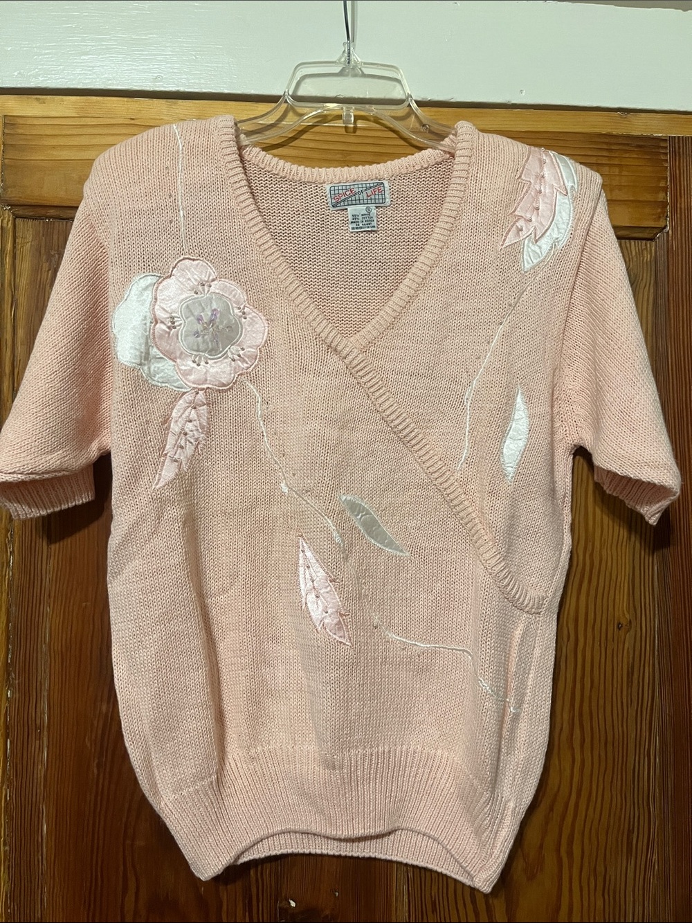 Vintage Blush Floral Applique V-Neck Sweater